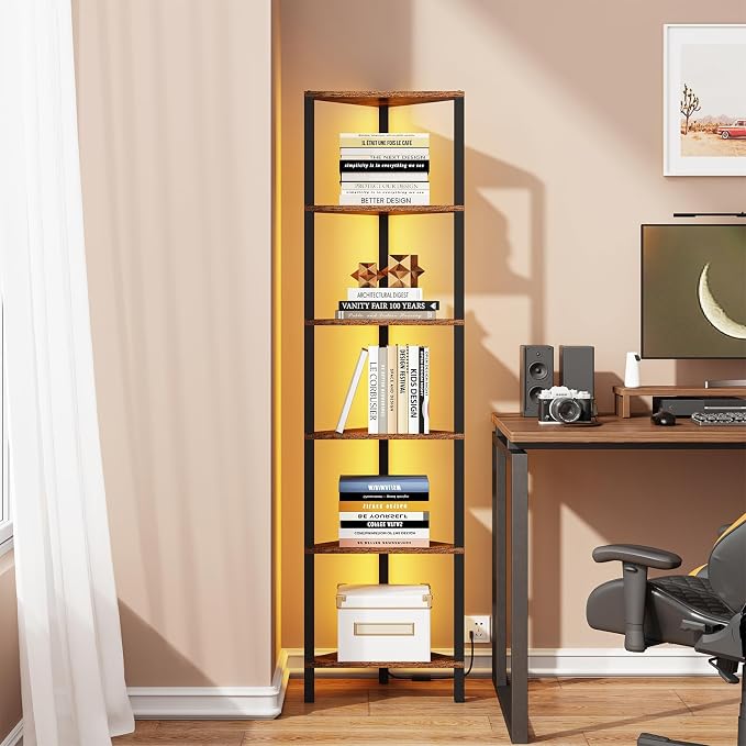 TUTOTAK Corner Shelf with LED Light, 6-Tier Corner Bookshelf for Small Space, Narrow Display Corner Shelf Stand with Storage Rack, for Living Room, Bedroom, Rustic Brown BS05BB006L - Image 4