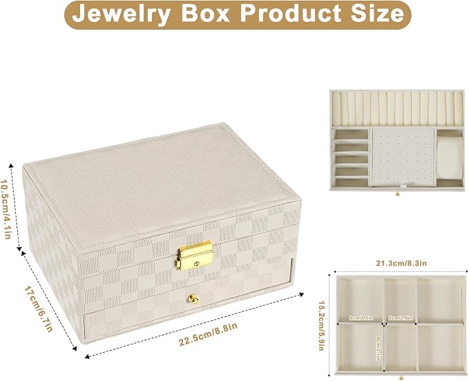 GUOER Jewelry Box for Women Girl Wife - Large PU Leather Jewelry Organizer Storage Case with Two Layers Display for Earrings Bracelets Rings Watches (Light Khaki) - Image 4