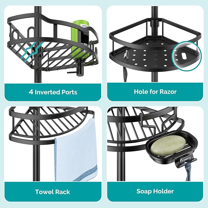 HAMITOR Corner Shower Caddy Tension Pole: Rustproof Stable 4-Tier Bathroom Organizer Shelves for Bathtub Shampoo Storage - 47-121 Inch Quick Install Adjustable Standing Rack with Soap Rack - Black - Image 6