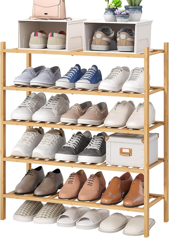 viewcare 5-Tier Bamboo Shoe Rack for Entryway, Stackable | Foldable | Natural, Shoe Organizer for Hallway Closet, Standing Shoe Racks for Indoor Outdoor by VIEWCARE