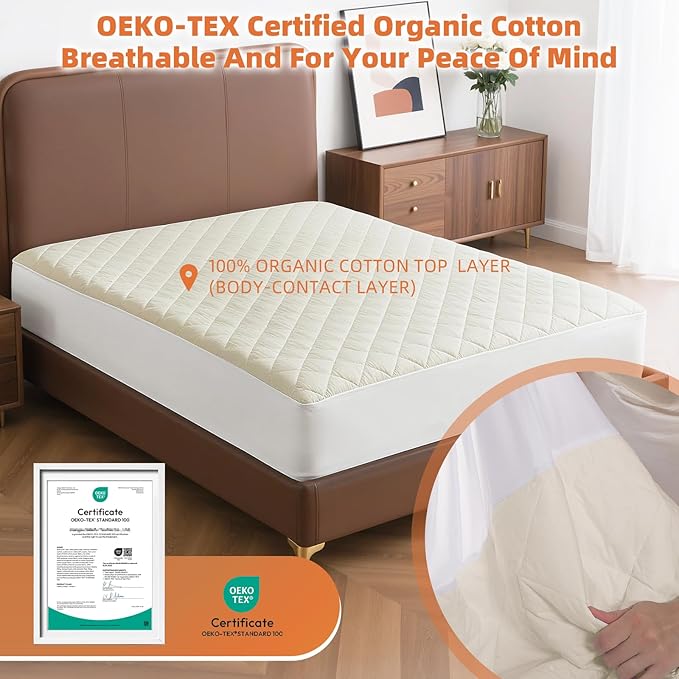 Lofe Organic Cotton Queen Mattres Protectors - Top&Side 100% Waterproof Mattress Protectors, Breathable Organic Mattress Protector, Noiseless Queen Mattress Protector Waterproof 80x60x17 in