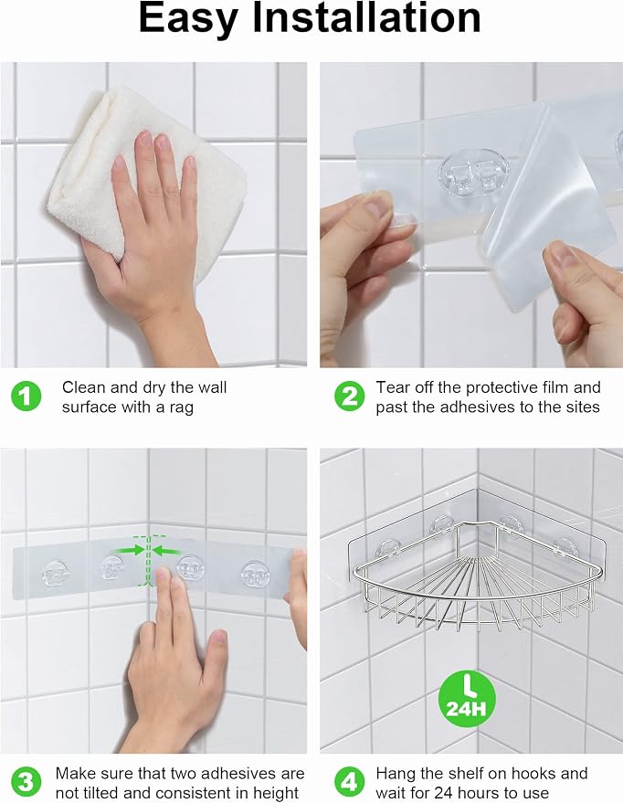 SMARTAKE 2-Pack Corner Shower Caddy, SUS304 Stainless Steel, Wall Mounted Bathroom Shelf with Adhesive, Storage Organizer for Toilet, Dorm and Kitchen (Silver) - Image 7