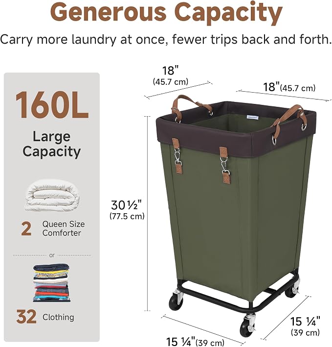 StorageWorks 160L Laundry Basket with Wheels, Large Rolling Hampers for Clothing Organizer, Dirty Clothes Basket for Hotel, Home, Closet, Dorm, Green - Image 3
