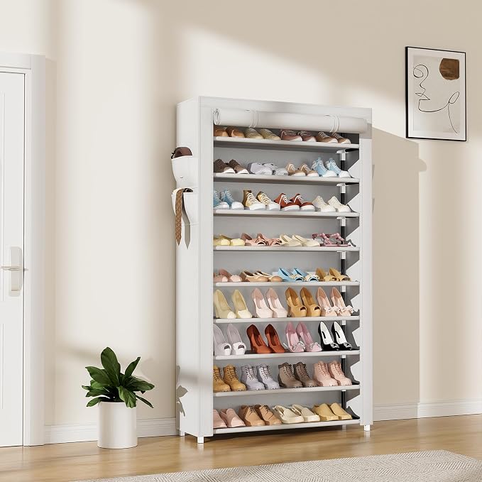LANTEFUL Shoe Rack with Covers 10 Tier Tall Shoe Rack Organizer Large Capacity Shoe Shelf Storage 40 Pairs Space Saving Free Standing Shoe Storage Organizer for Closet, Entryway, Dorm, White - Image 2