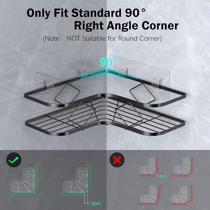Shower Caddy, 2 Pack Corner Organizer Shelf, Rustproof Wall Mount Shower Storage Rack, No Drilling, 40 lbs Capacity (Glossy Black) - Image 5