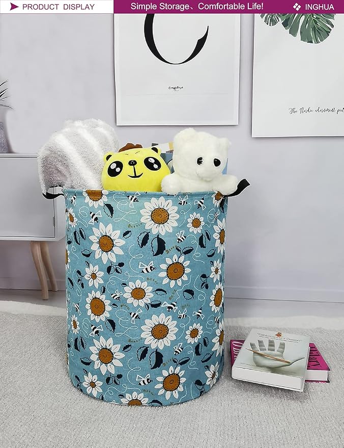 Laundry Hamper Large Canvas Fabric Lightweight Storage Basket/Toy Organizer/Dirty Clothes Collapsible Waterproof for College Dorms, Boys and Girls Bedroom,Bathroom (Sunflower) - Image 3