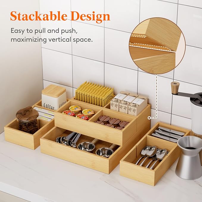 Lifewit Drawer Organizers 10 Pack(22 Grid) with 12 Inserts, Adjustable Bamboo Wooden Drawer Dividers, Stackable Storage Box for Utensils, Silverware, Makeup, Junk in Kitchen/Bathroom/Office/Vanity - Image 3