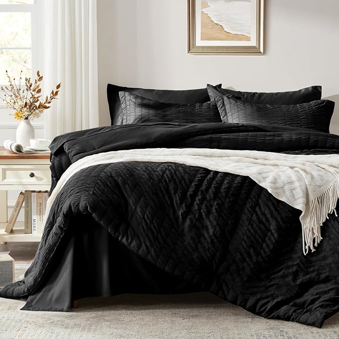 Zzlpp Black Twin Comforter Set 5 Pieces, Seersucker Bed in a Bag with Comforter and Sheets, All Season Bedding Sets with 1 Comforter, 1 Pillow Sham, 1 Pillowcase, 1 Flat Sheet, 1 Fitted Sheet