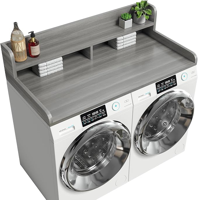 2-Tier Washer Dryer Countertop with 2.75"H Edge Rails, 54" W x 27.55" D Laundry Countertop for Folding Clothes, Washer and Dryer Topper with Non-Slip Pad (Stripe Gray) by Corbyles