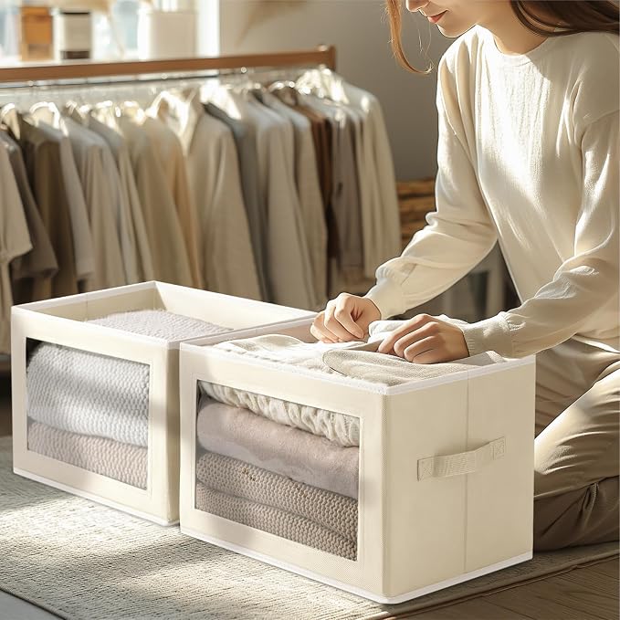 Homsorout Storage Boxes with Lids - 3 Pack Fabric Clear Window Storage Bins, Collapsible Storage Bins with Lids, Linen Closet Organizer for Clothes, Towel, Blanket, Beige - Image 4