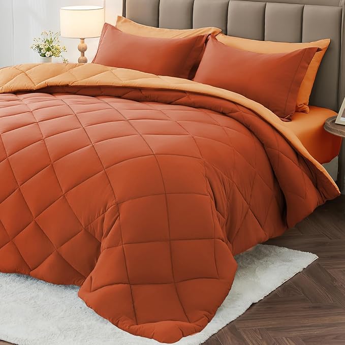 MUXHOMO 7 Pieces King Comforter Set, Reversible Bed in a Bag King Size, All Season Bedding Set with Comforter, Flat Sheet, Fitted Sheet, Pillowcases & Shams, Burnt Orange & Camel
