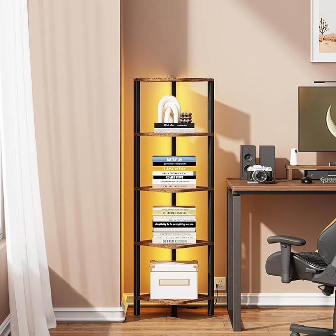 TUTOTAK Corner Shelf with LED Light, 5-Tier Corner Bookshelf for Small Space, Narrow Display Corner Shelf Stand with Storage Rack, for Living Room, Bedroom, Rustic Brown BS08BB005L by ChoosetutotakFurnitureBuildYourCozyHome