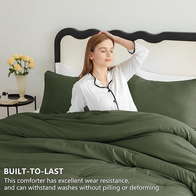 CozyLux Oversized King Comforter Set Olive Green, 3 Pieces 120x98 Solid Breathable Quilted Bedding Sets All Seasons, Luxury Soft Lightweight Bed Set with Down Alternative Comforter and 2 Pillowcases