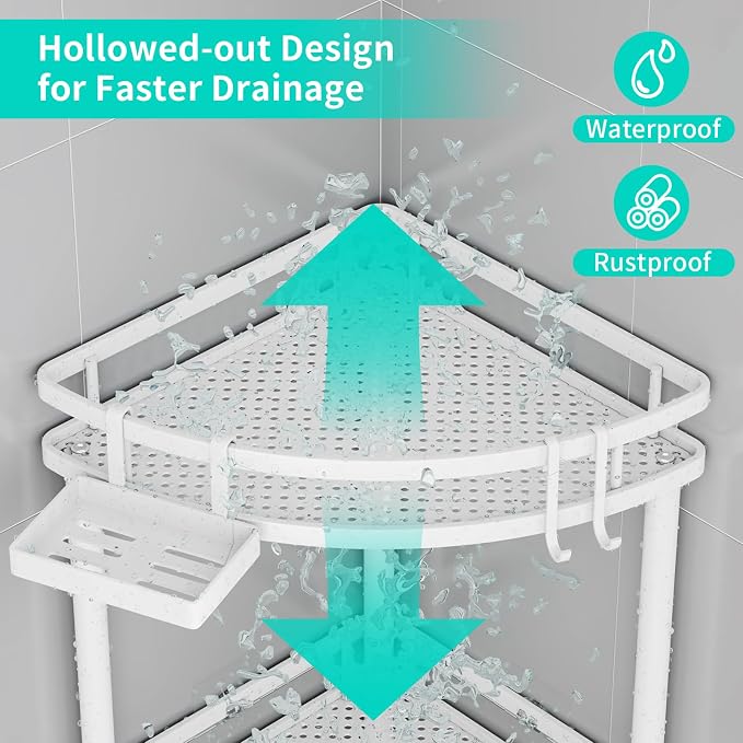 HapiRm Standing Corner Shower Caddy - 4 Tier Shower Organizer Corner with Soap Holder and 4 Hooks, Rustproof Bathroom Storage Shelves with Adhesives, White - Image 4