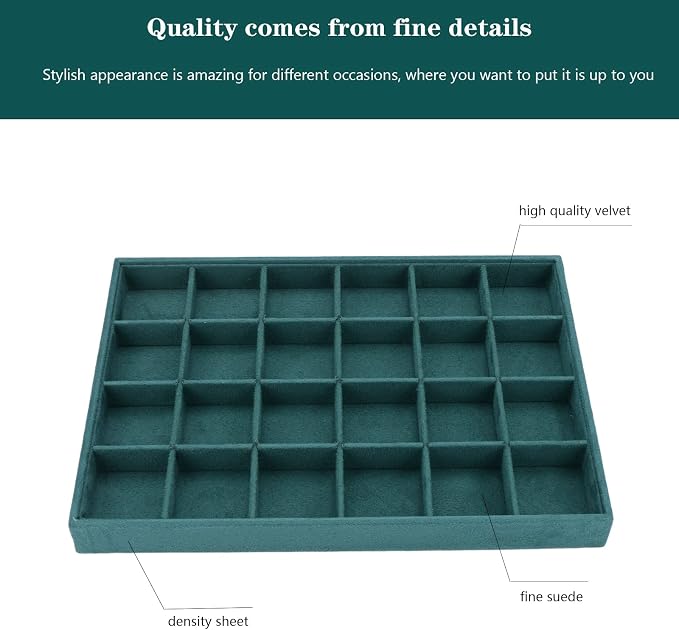 Large Velvet Jewelry Tray, Drawer Organizer for Jewelry in Dresser, Stackable Jewelry Drawer Organizer Inserts for Earring Necklace Bracelet Rings(Green,24grid) - Image 2