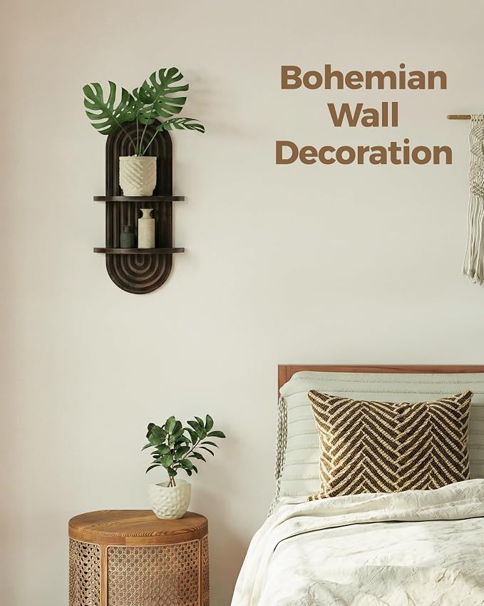 Bamworld Boho Wall Decor Plant Wall Shelf Mid Century Modern Decor Hanging Plant Shelf 2-Tier Wooden Floating Shelves for Home Bathroom Bedroom Living Room Office Holding Planter Decoration Walnut - Image 3