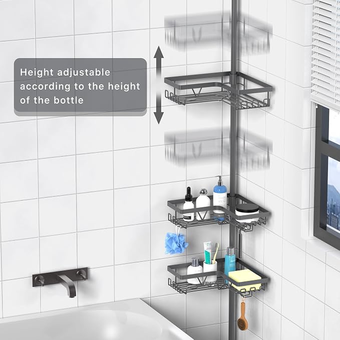 KEGII Corner Shower Caddy Tension Pole - Rustproof Tension Rod Organizer, Floor to Ceiling Shower Caddy 25-114.2 inch, Bathroom Storage Rack Corner Waterproof, Dark Gray - Image 2
