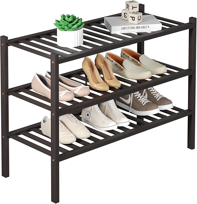 ROMGUAR CRAFT 3 Tier Bamboo Shoe Rack for Closet Free Standing Wood Shoe Shelf for Entryway Small Space Stackable 27"x11"x20" (Brown) by ROMGUAR+CRAFT