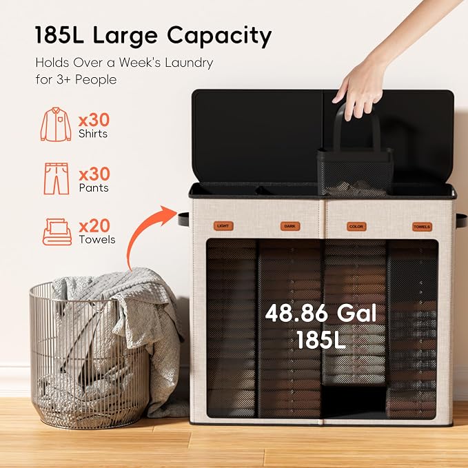 Laundry Hamper 4-Section with Lid, 185L Laundry Sorter with 4 Removable Bags + 1 Extra Large Bag, Switchable 3/4 Compartment, Laundry Basket Organizer for Bedroom, Laundry Room，Beige - Image 3