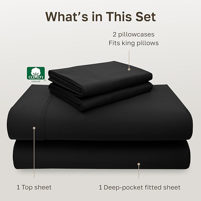 California Design Den King Sheet Set - Luxury 600 Thread Count Sateen, Natural 100% Cotton, Fully Elasticized Deep Pocket King Bed Sheets, Crisp, Cool and Durable Bedding - Black