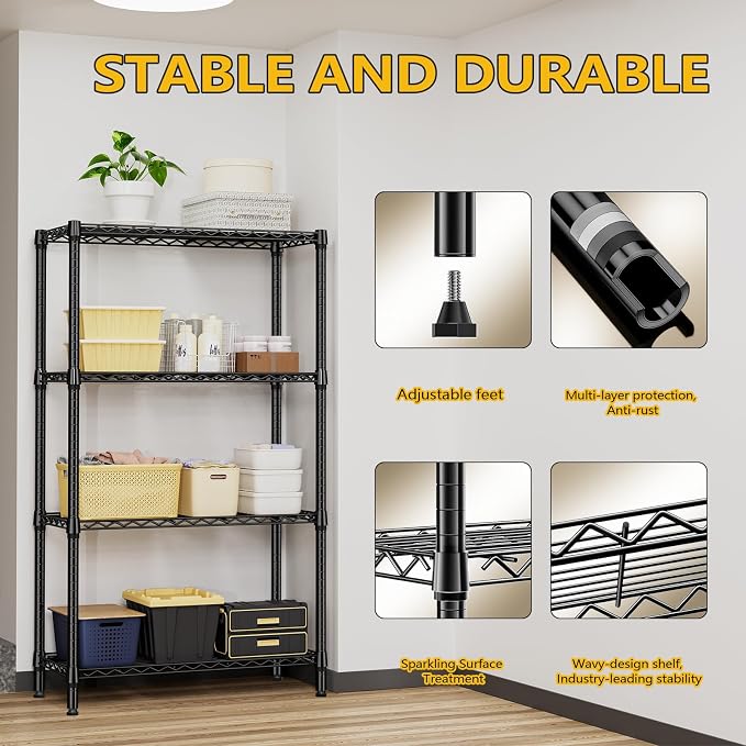 M MZG 1000 lbs 4 Tier Shelf Metal Storage Shelves Shelving Wire Rack Heavy Duty Closet Organizers for Garage Kitchen Bathroom Laundry Black 13.8" D x 35.4" W x 59.5" H - Image 7