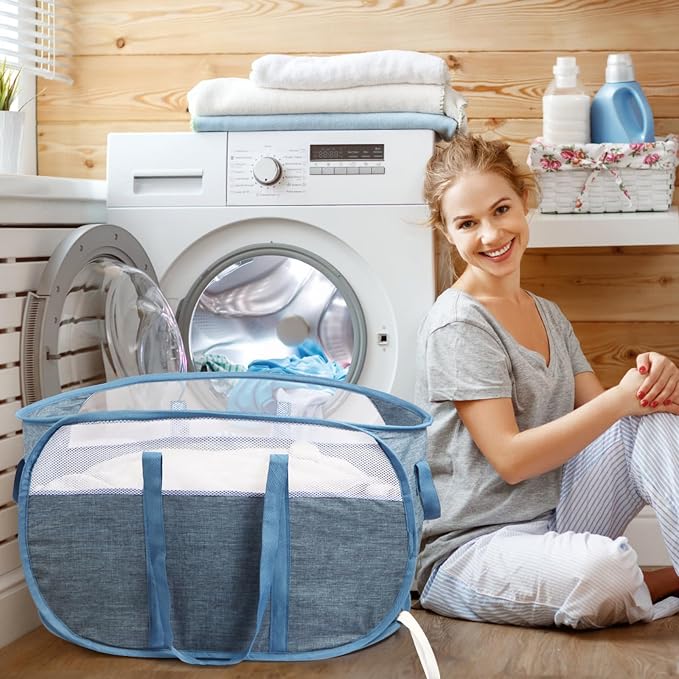 2 Pcs Collapsible Laundry Baskets, Tear Proof Pop Up Laundry Hamper with Dual Handles, Durable Foldable Laundry Basket, Easy to Carry Laundry Hamper for Home, Laundry Room, Bedroom, Dorm, Travel Blue - Image 2