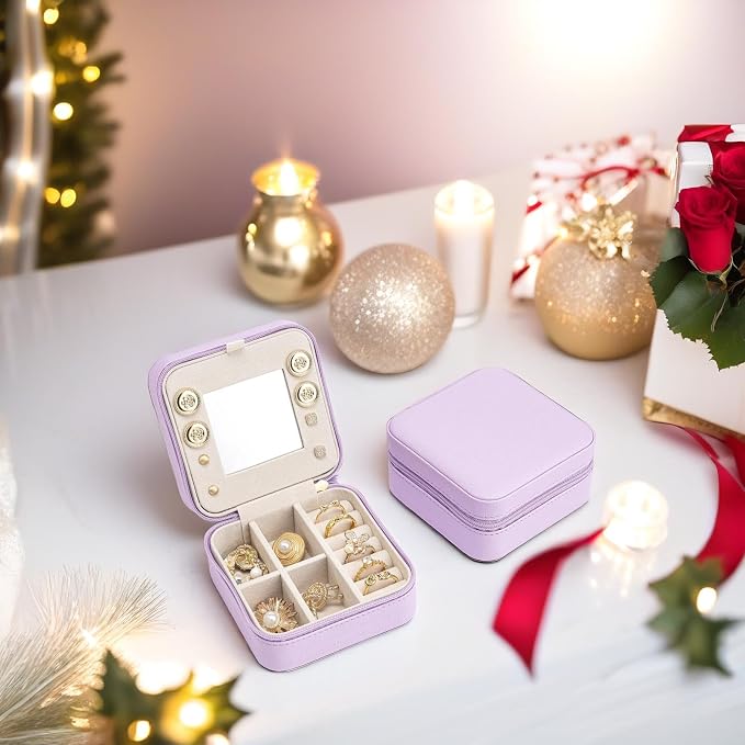 Vlando Small Travel Jewelry Box Organizer - Mirrored Carry-on Jewelries Necklaces Rings Earrings Necklace Storage Case, Purple - Image 5