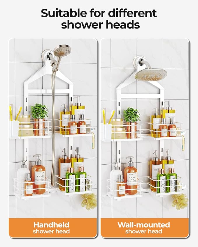ODesign 2 Tier Height-Adjustable Shower Caddy Hanging Anti-Swing-Over The Shower Head Caddy-Storage Organizer Bathroom Shelves Basket-White - Image 5