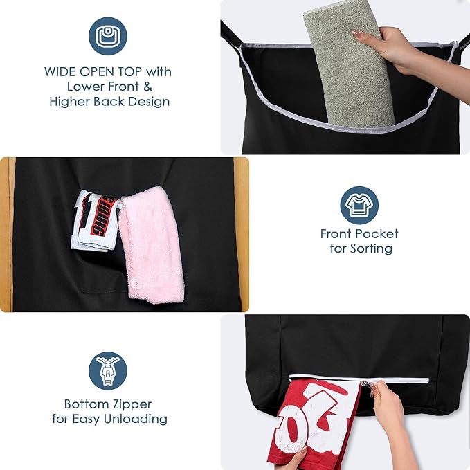 The Fine Living Co. X-Large Hanging Laundry Hamper with Over Door Hooks & Adhesive,Durable Space Saving Laundry Bag with Zipper and Wide Open Top,Hanging Dorm Laundry Hamper 20"x3.75"x31" (Black-XL) - Image 8