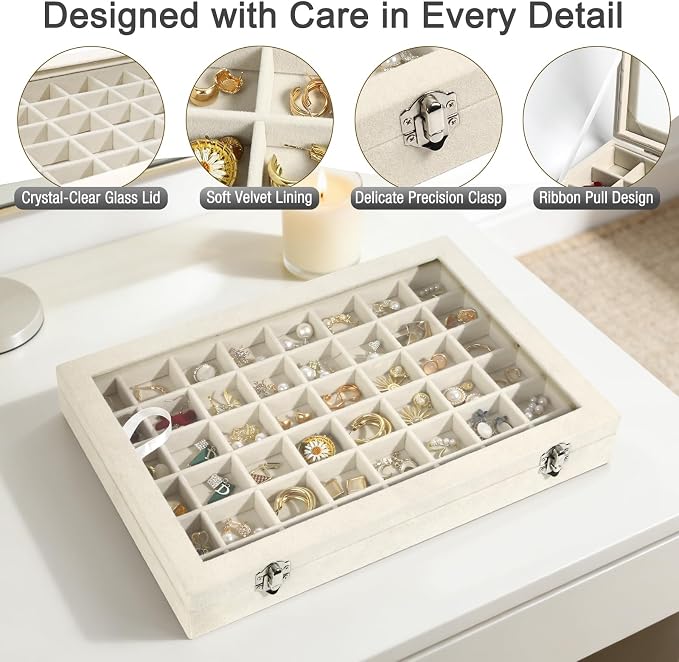 Velvet Jewelry Organizer Storage Tray, 48 Grid Adjustable Earring Holder Organizer with Clear Lid, Jewelry Display Box for Earrings, Rings, Necklaces and Studs, Gift for Women and Girls - Image 3