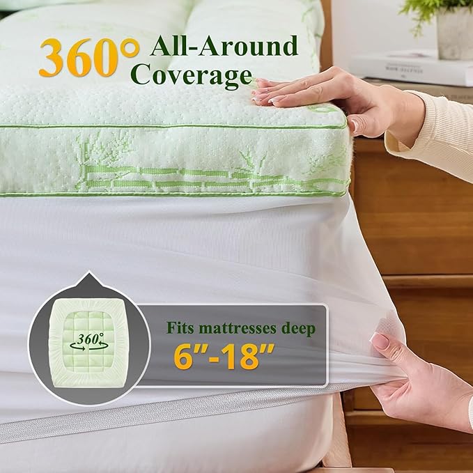Memory Foam Mattress Topper - Viscose Made from Bamboo Pillow Top Thick Twin Size Mattress Pad for Back Pain, Ultra Soft & Cooling for Hot Sleepers, 6-18'' Deep Pocket, Green