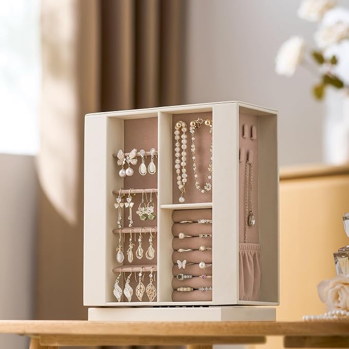 Jewelry Box Organizer for Women: 360 Rotating Vertical Storage Case, Ivory Leather with Pink Velvet, Ring Necklace Bracelet Holder, Gift Decor, 10 x 8.7 x 3.9 in - Image 4