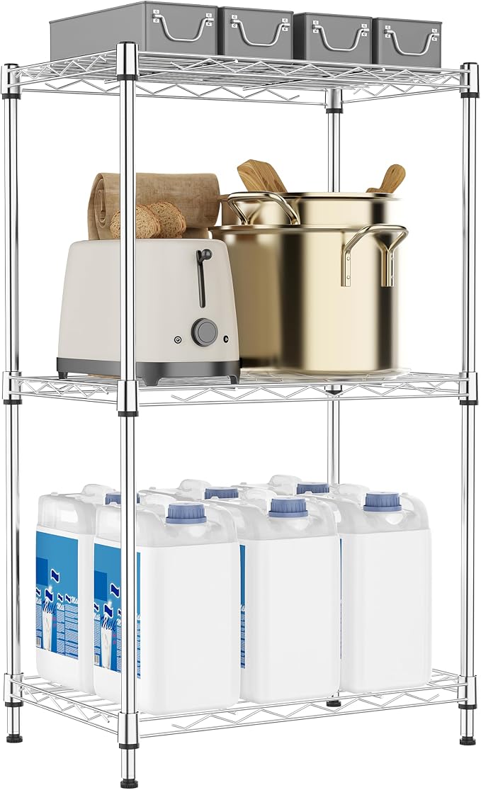 M MZG 3 Tiers Shelf Metal Storage Shelves Wire Rack Closet Organizers with Wheel for Garage Kitchen Bathroom Laundry Chrome 11.8" D x 17.7" W x 28.8" H by MEIGAOPLASTICANDMETALHKCOLIMITED