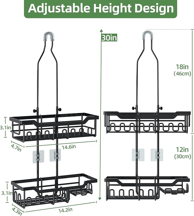 Shower Caddy Hanging Organizer, Extra Large Rack Over Showerhead with Hooks, Adjustable Height Shower Caddy for Big Shampoo Bottle, Black - Image 2