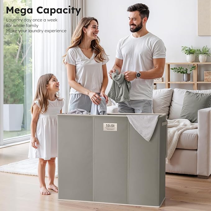 SOLEDI 180L 3-Section Laundry Hamper with Lid, Extra Large Dirty Clothes Basket with Sturdy Handles for Laundry Room & Bedroom - Durable Organizer for Sorting Laundry - Image 2