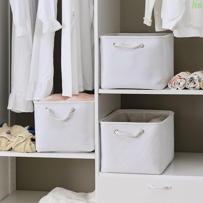 TheWarmHome Storage Basket for Shelves - 15.8x11.8x11.8 inch 3 Pack Fabric Storage Cubes, Collapsible Storage Bin for Organizing Organizer Closet Book Gift Dog(White) - Image 3