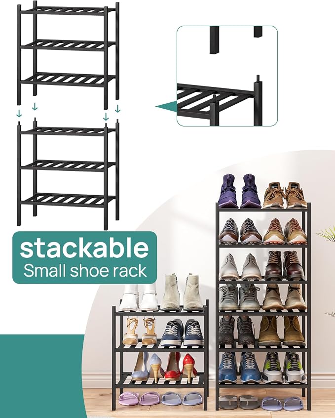 viewcare Small Shoe Rack for Entryway,3-Tier Black Bamboo Shoe Organizer for Hallway Closet, Free Standing Shoe Racks for Indoor Outdoor - Image 5