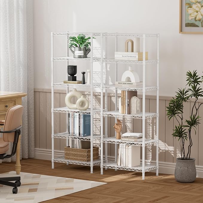 SINGAYE 6 Tier Shelf Adjustable Storage Wire Shelving Unit Metal Shelves Standing Closet Bathroom Organizers Pantry Kitchen Garage Laundry Room Organization Home Rack 12" D X 22" W X 69.5" H White - Image 2