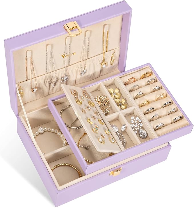 Voova Jewelry Box Organizer for Women Girls, 2 Layer Large Men Jewelry Storage Case, PU Leather Display Jewellery Holder with Removable Tray for Necklace Earrings Rings Bracelets,Vintage Gift,Lavender by Voova