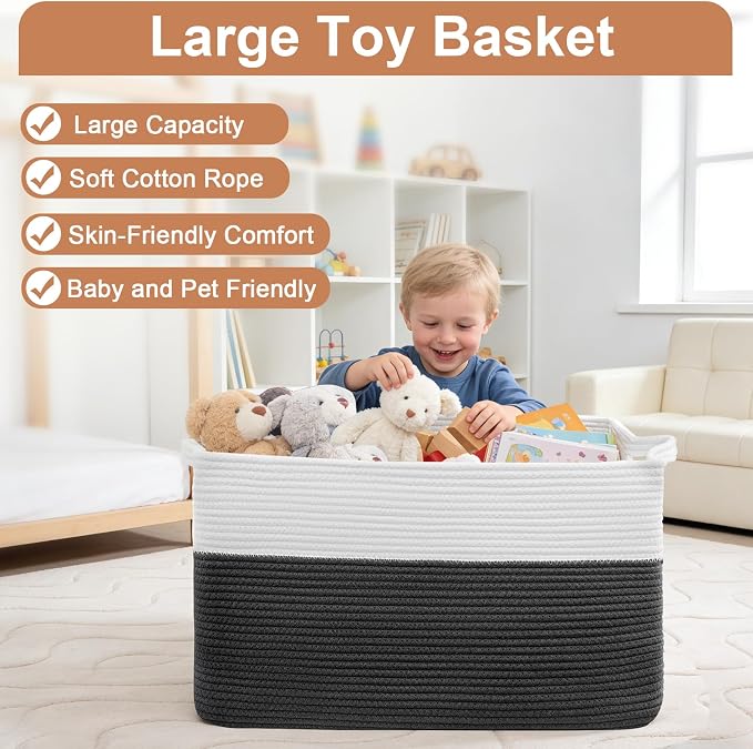 75L Large Blanket Basket, Rectangular Cotton Rope Basket, Laundry Hamper for Blankets, Pillows, Extra Large Toys Storage Bins for Kids, Dogs 22" x 17" x 12", White & Black - Image 4