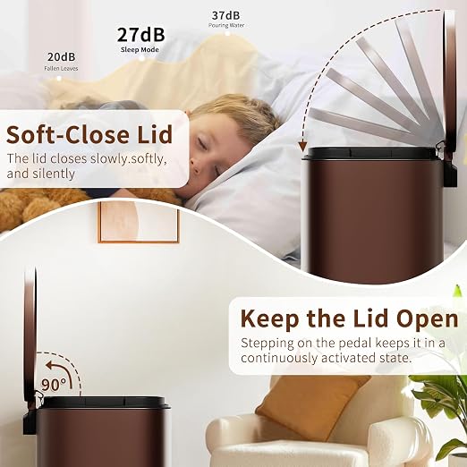 PayLessHere Stainless Steel Trash Can with Lid - Removable Inner Bucket, Foot Pedal Soft Close for Office, Home, Kitchen Garbage Bin (Brown, 13 G) - Image 4