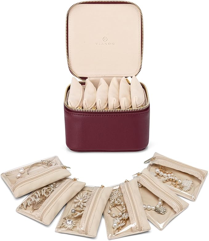 Vlando Jewelry Travel Case,Travel Jewelry Organizer with Clear Velvet Jewelry Bags 6Pcs Zipper Pouch for Women-Red by VLANDO