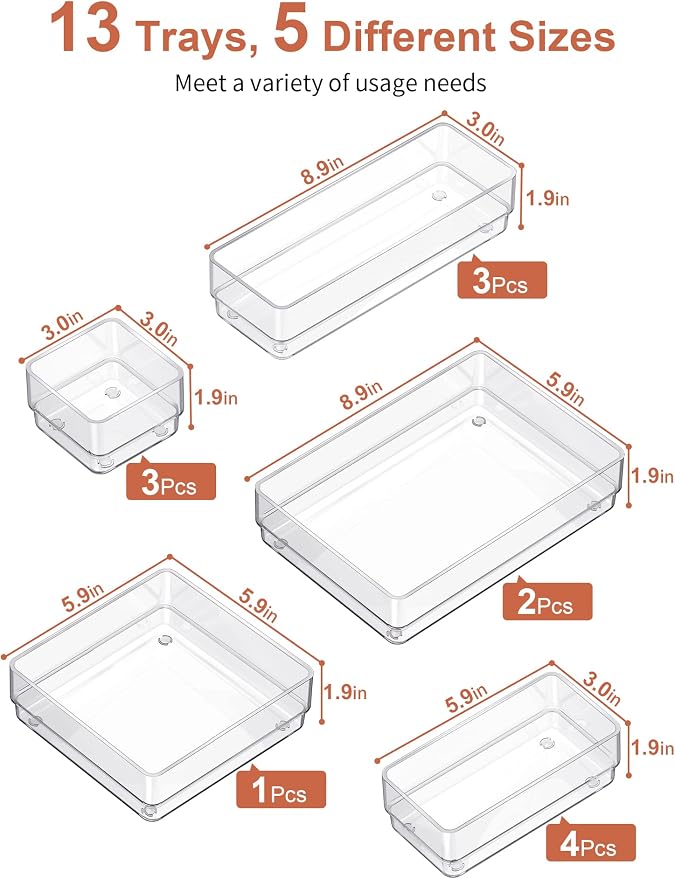 SMARTAKE 13-Piece Drawer Organizer with Non-Slip Silicone Pads, 5-Size Desk Drawer Organizer Trays Storage Tray for Makeup, Jewelries, Utensils in Bedroom Dresser, Office and Kitchen (Clear) - Image 2