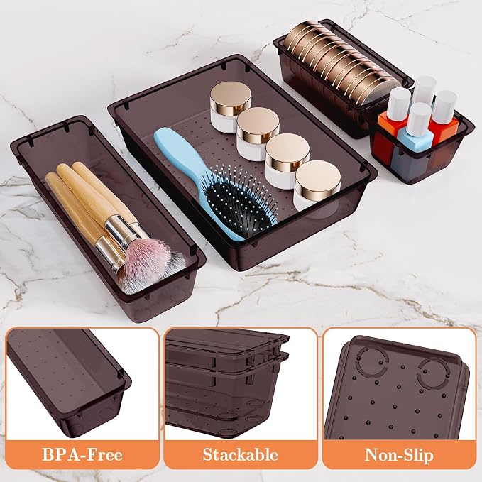 SpaceHacks 25 PCS Plastic Drawer Organizer Set, 4-Size Versatile Organizer Trays & storage Bins for Makeup, Jewelry, and Gadgets in Bathroom, Bedroom and Office,Brown - Image 3