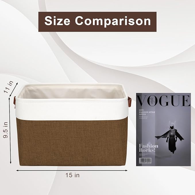 Bagnizer Storage Bins Large Fabric Storage Baskets for Shelves 3 Pack, Decorative Linen Closet Baskets with Handles for Organizing, Shelf, Clothes, Home, Office, 15x11x9.5Inches (Brown&White) - Image 3