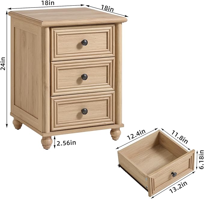 RWYHG 18" Farmhouse Night Stand, Natural Wood Nightstand with 3 Drawers, Bedside End Table with Storage and Roman Column, Bed Side Tables Cabinet for Bedroom, Living Room, and Closet