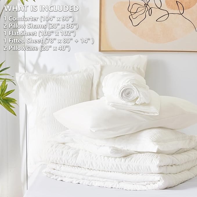 CozyLux King Size Comforter Set White Seersucker 7 Pieces Bed in a Bag King Comforter Set with Sheets, Luxury Soft Bedding Sets with Down Alternative Comforter, Sheets, Pillowcases & Shams All Seasons