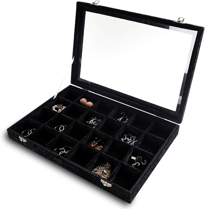 Frebeauty 24 Grid Earring Holder Organizer Tray, Jewelry Organizers and Storage for Drawer,Velvet Jewelry Display Storage for Earrings,Rings,Studs,10.5 x 6.5 x 1.2 Inches Gift for Women (Black) by Frebeauty