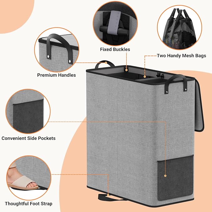 Large Double Laundry Hamper with Lid, Removable Bags & Reinforced Handles, 2 Section Tall Laundry Basket, Dirty Clothes Hampers for Laundry Room, Bedroom, Bathroom, Dorm, 136L, Gray - Image 3