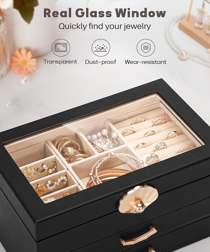 Enthralite Jewelry Box with 2 Drawers : Jewelry Display Organizer for Earrings Necklaces - Gift for Girls Women | Black - Image 4